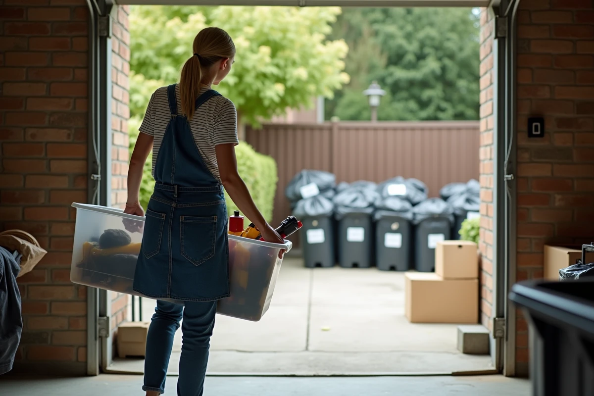 Femme portant des bacs de rangement vers l'extérieur pendant un débarras complet de garage en week-end