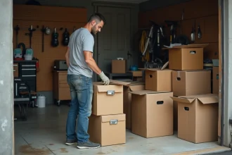 Homme en train de trier des cartons dans un garage encombré lors d'un débarras complet le week-end