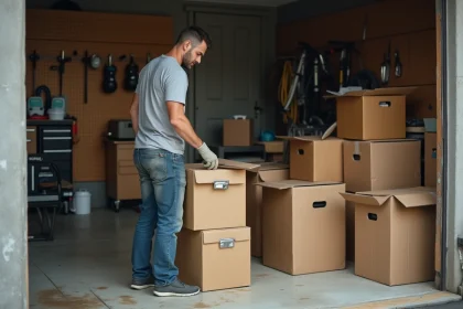 Homme en train de trier des cartons dans un garage encombré lors d'un débarras complet le week-end