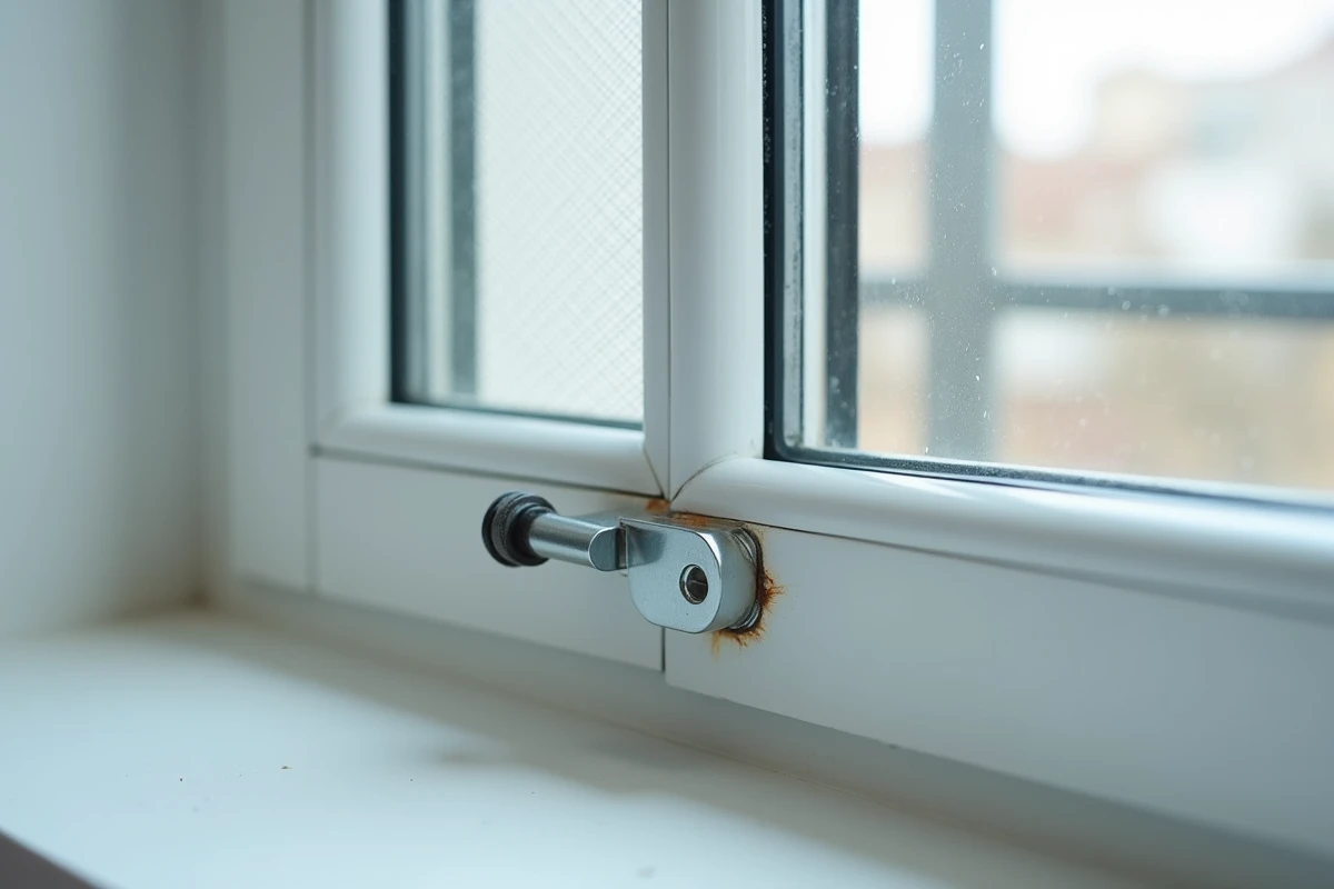 Gros plan sur un support de grillage de protection fenêtre mal fixé avec vis de travers et traces de rouille