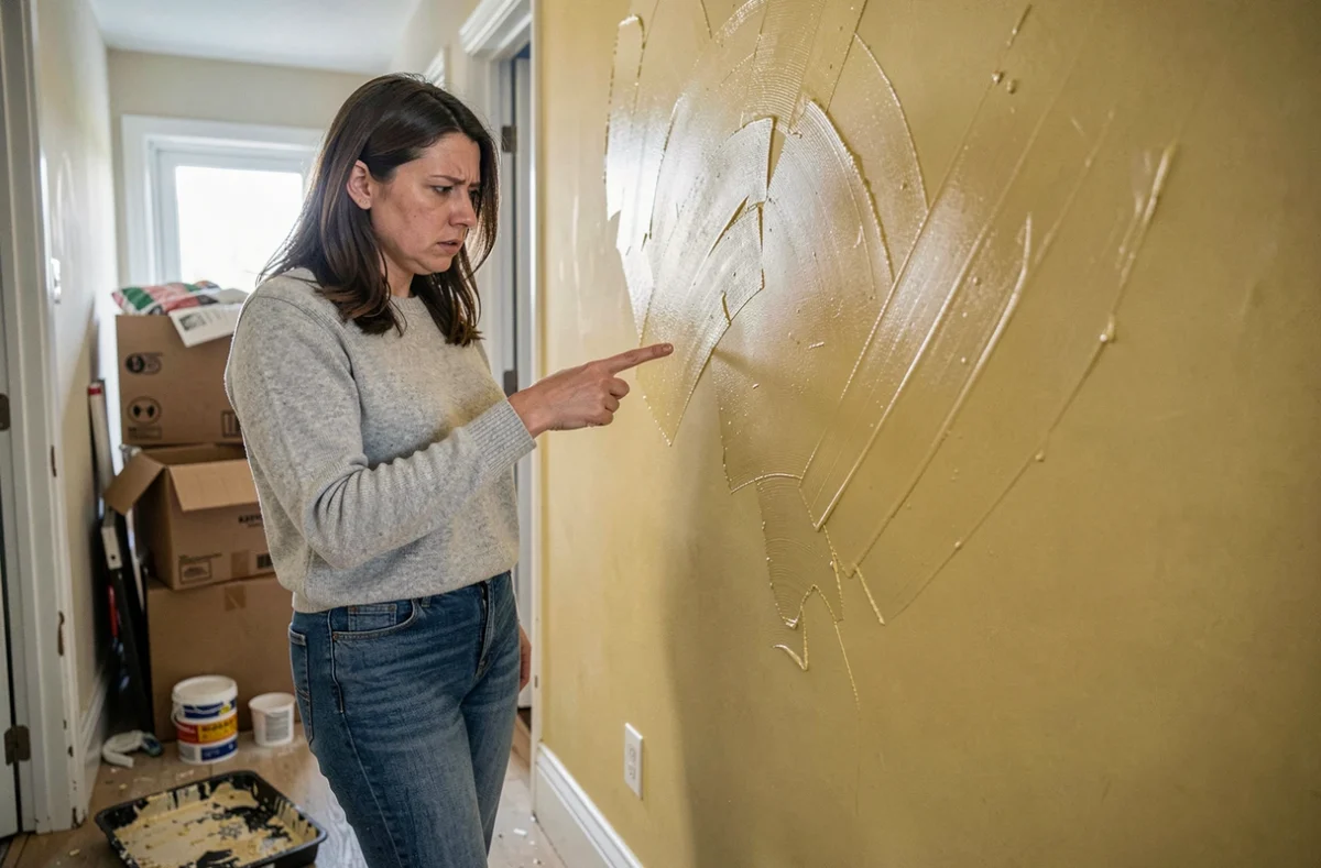 Propriétaire montrant des défauts de pose de peinture sur un mur de couloir, avec traces de rouleau et irrégularités visibles