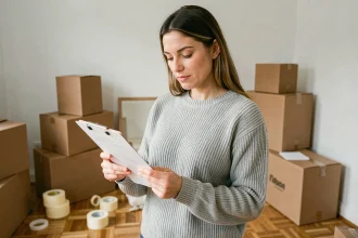 Femme consultant des documents administratifs pour son déménagement EDF dans un appartement avec des cartons