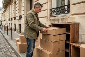 Homme déposant des encombrants devant un immeuble haussmannien à Paris
