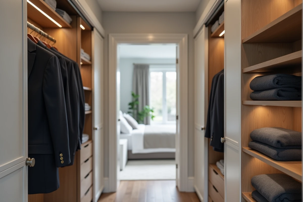 Détail du mécanisme de rail de porte coulissante d'un dressing 2 personnes avec modules de rangement sur mesure