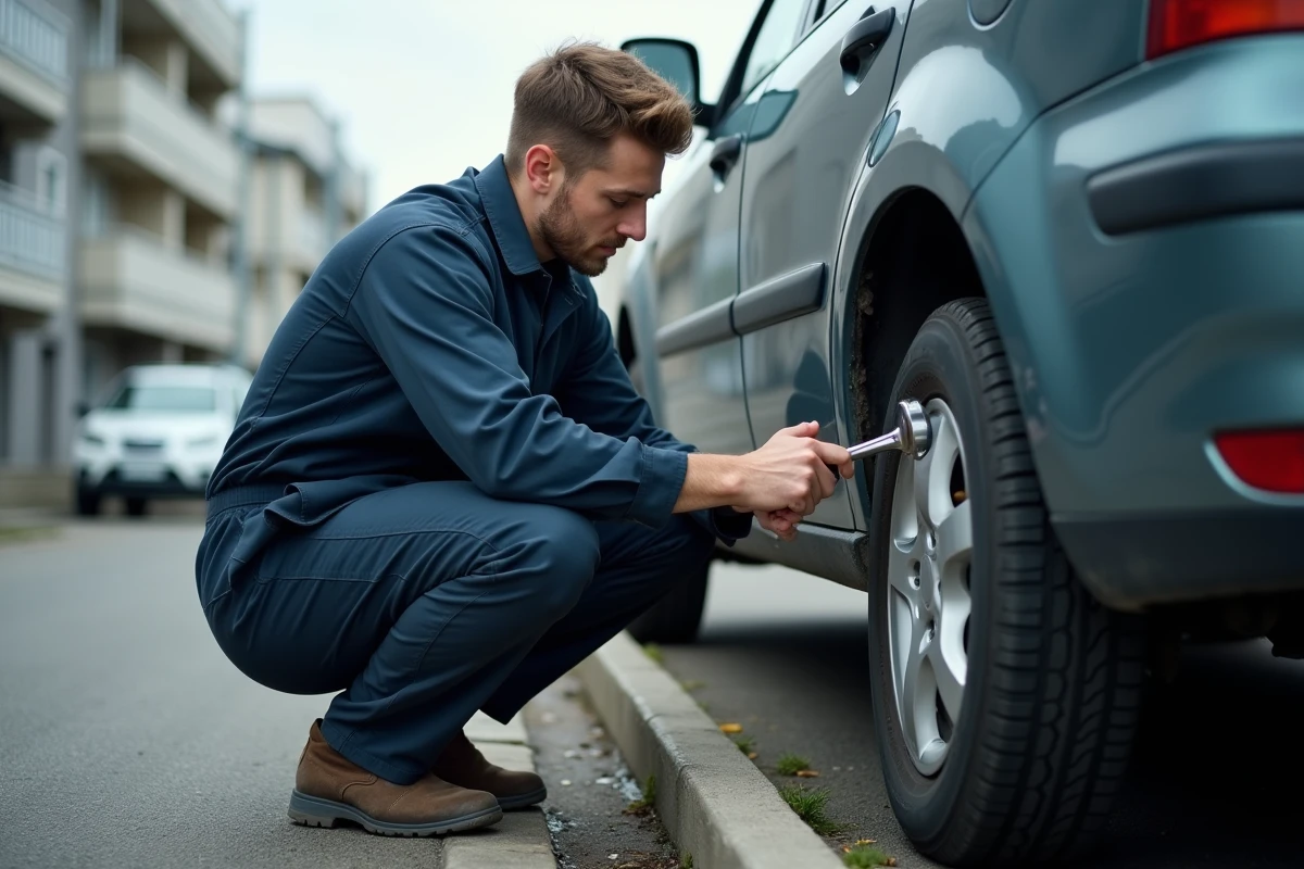 Mécanicien desserrant un écrou de roue dans le sens antihoraire avec une clé en croix sur un parking urbain