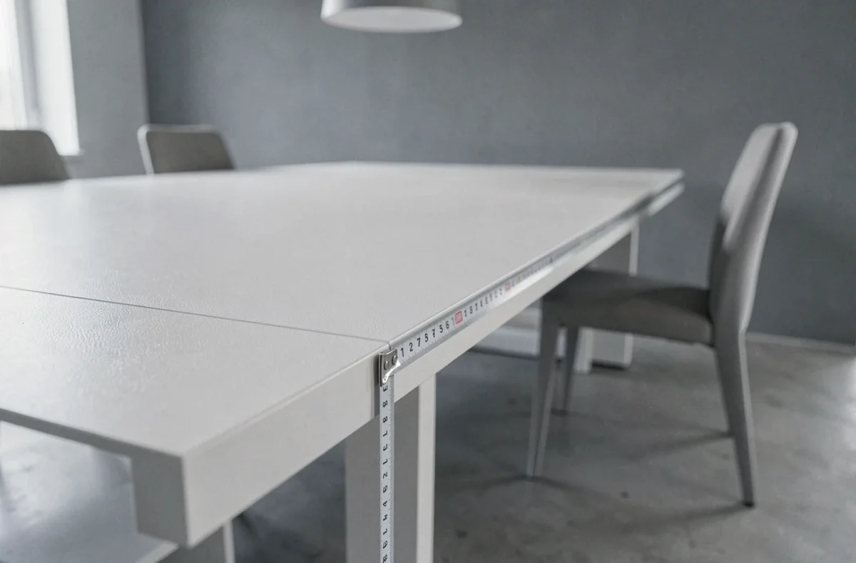 Gros plan sur une table à manger extensible blanche avec un mètre ruban mesurant les dimensions standard pour 6 personnes