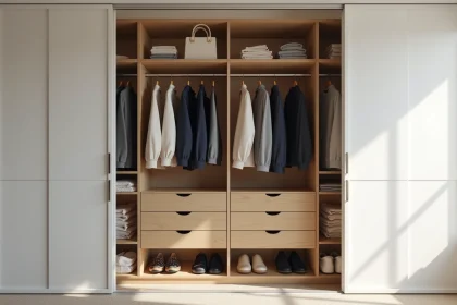 Dressing 2 personnes avec portes coulissantes ouvertes révélant une organisation symétrique avec penderies, étagères et rangements à chaussures