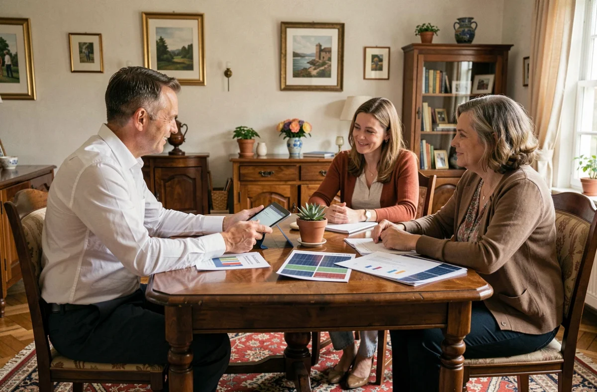 Un conseiller EDF Solutions Solaires présente une proposition d'installation solaire à un couple dans leur maison en Île-de-France