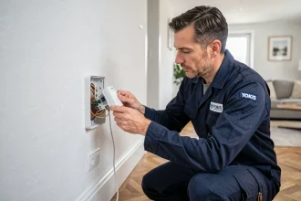 Électricien installant un module va-et-vient Yokis dans un appartement moderne