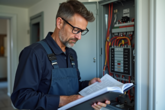Électricien d'âge moyen inspectant un panneau électrique résidentiel