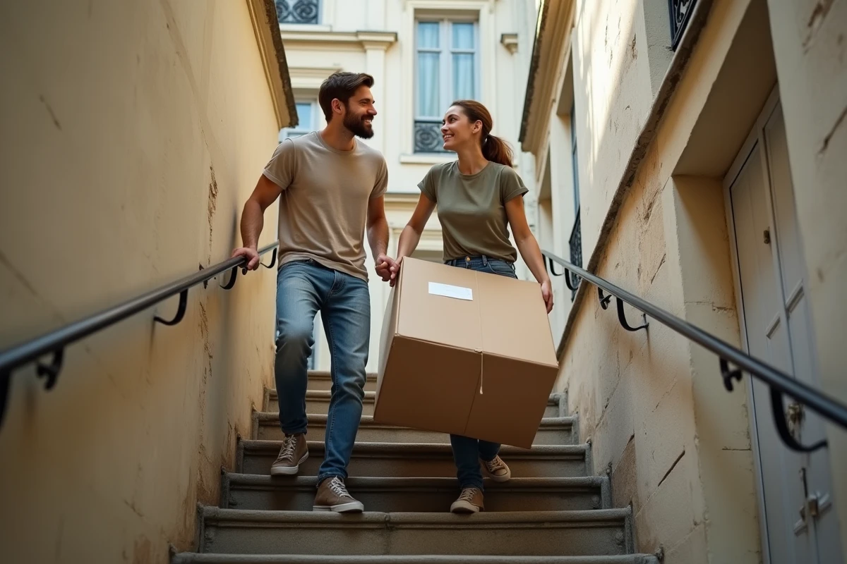 Couple portant un meuble dans un escalier parisien lors de leur emménagement