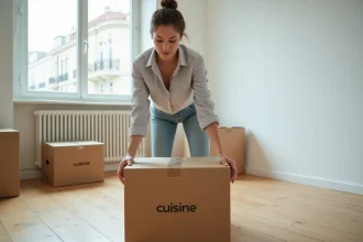 Jeune femme déposant un carton lors d'un emménagement dans un nouvel appartement