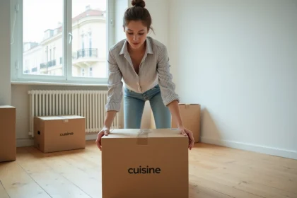 Jeune femme déposant un carton lors d'un emménagement dans un nouvel appartement