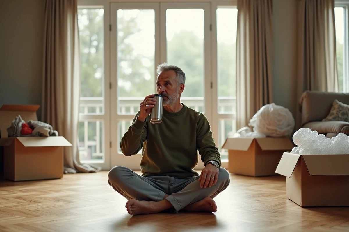Homme faisant une pause entouré de cartons dans un appartement vide lors d'un emménagement