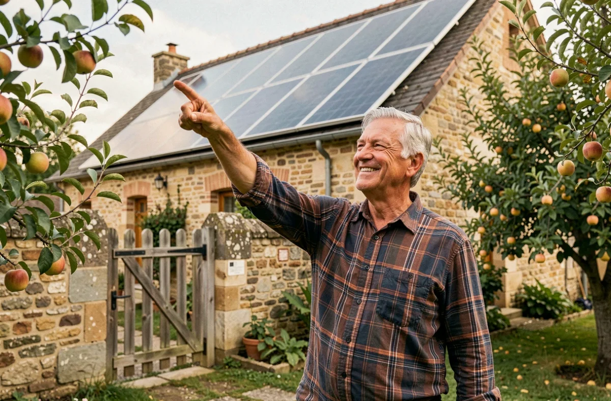 Un propriétaire âgé montre fièrement les panneaux solaires installés par Énergie Verte France sur le toit de sa ferme en Île-de-France