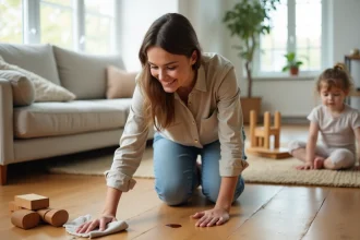 Mère qui entretient un parquet ciré en chêne dans un salon familial avec enfants en bas âge