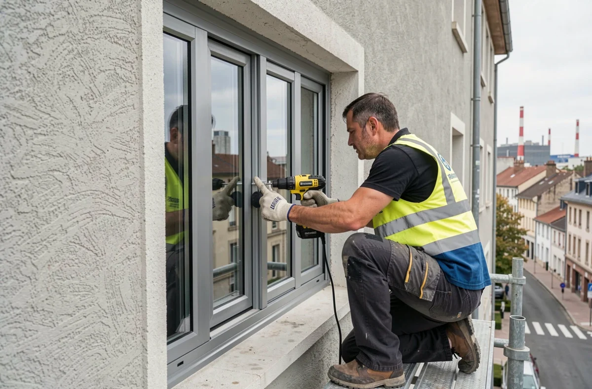 Technicien posant une fenêtre à double vitrage aluminium sur la façade d'un immeuble à Saint-Étienne