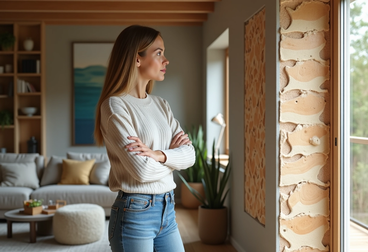 Jeune femme examinant un mur avec isolation en fibre de bois