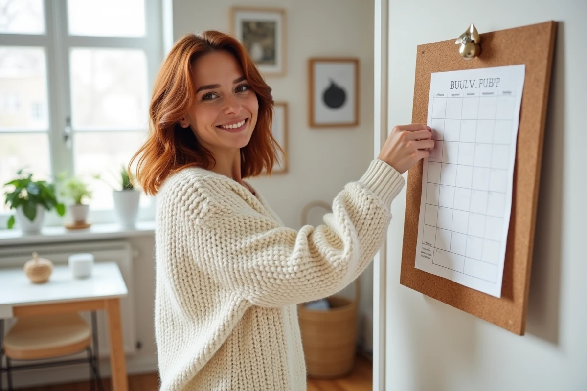 Femme affichant un semainier imprimé sur un tableau en liège dans un bureau scandinave lumineux et épuré
