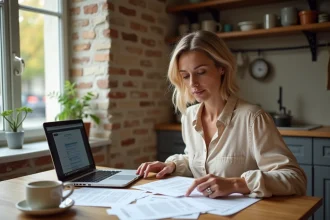 Femme consultant son contrat d'assurance habitation Acheel sur ordinateur portable dans une cuisine moderne