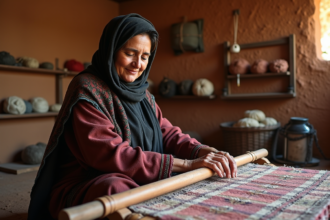 Femme berbere tissant un tapis traditionnel dans une maison