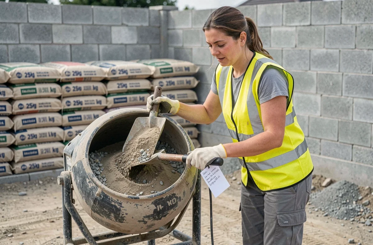 Femme utilisant une bétonnière électrique sur un chantier de construction avec des sacs de ciment de 25 kg empilés en arrière-plan pour réaliser un béton dosé à 350 kg au mètre cube