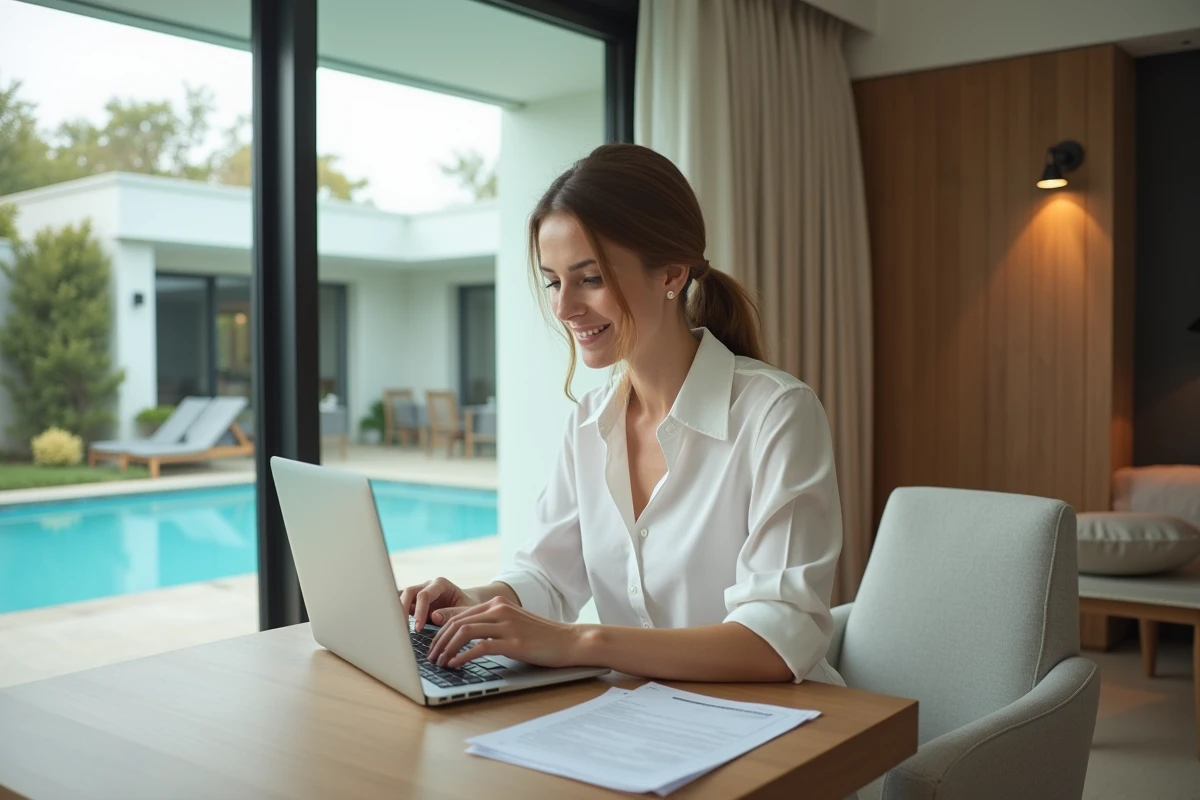 Femme travaillant à la maison avec vue sur la piscine