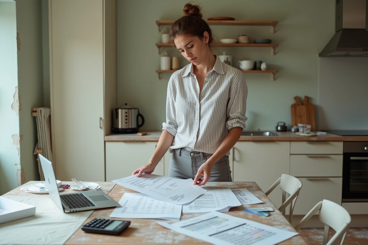 Femme comparant des devis de travaux DIY sur une table avec calculatrice et nuancier de peinture