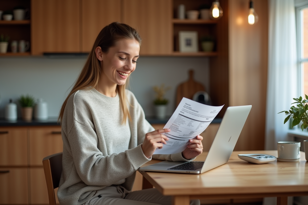 Jeune femme vérifiant sa facture d énergie dans la cuisine