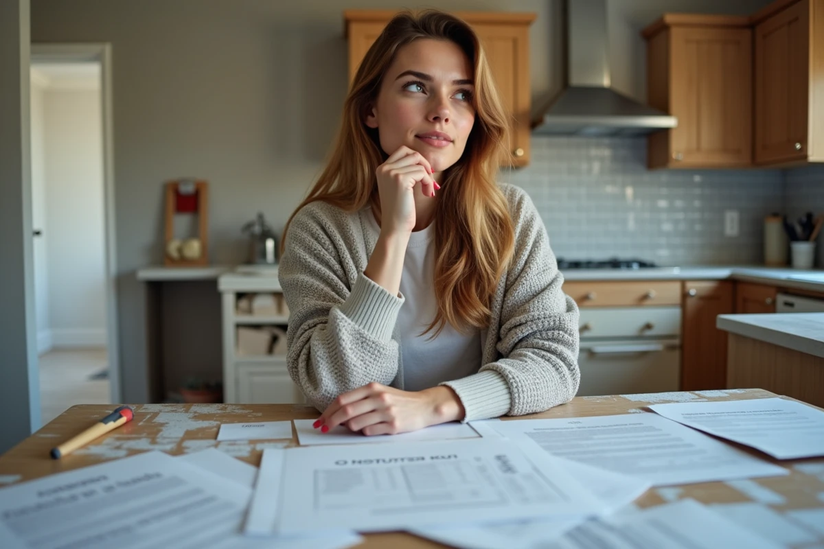 Jeune femme avec papiers dans une cuisine en travaux