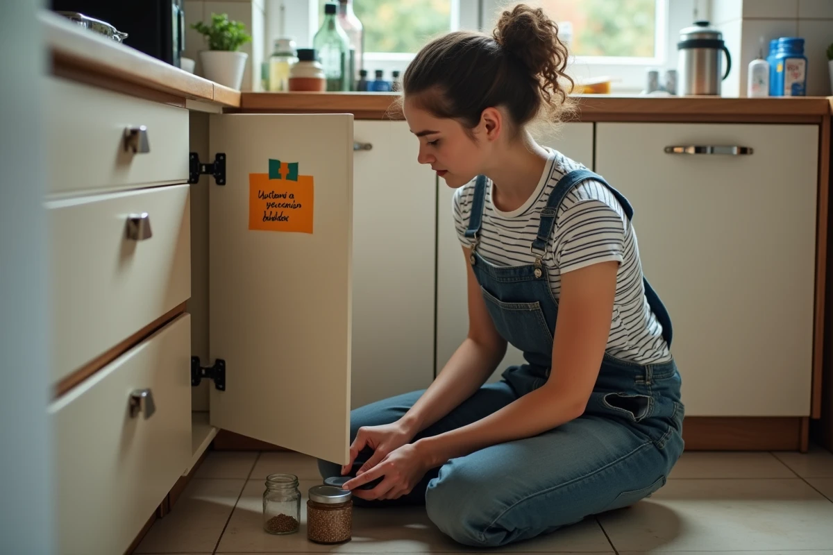 Jeune femme en cuisine regardant une note pour ouvrir un pot