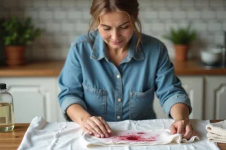 Femme en denim nettoyant une tache de baie sur une nappe
