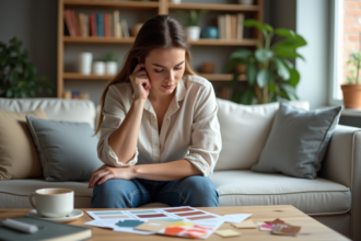 Femme contemplant des échantillons de peinture dans un salon cosy