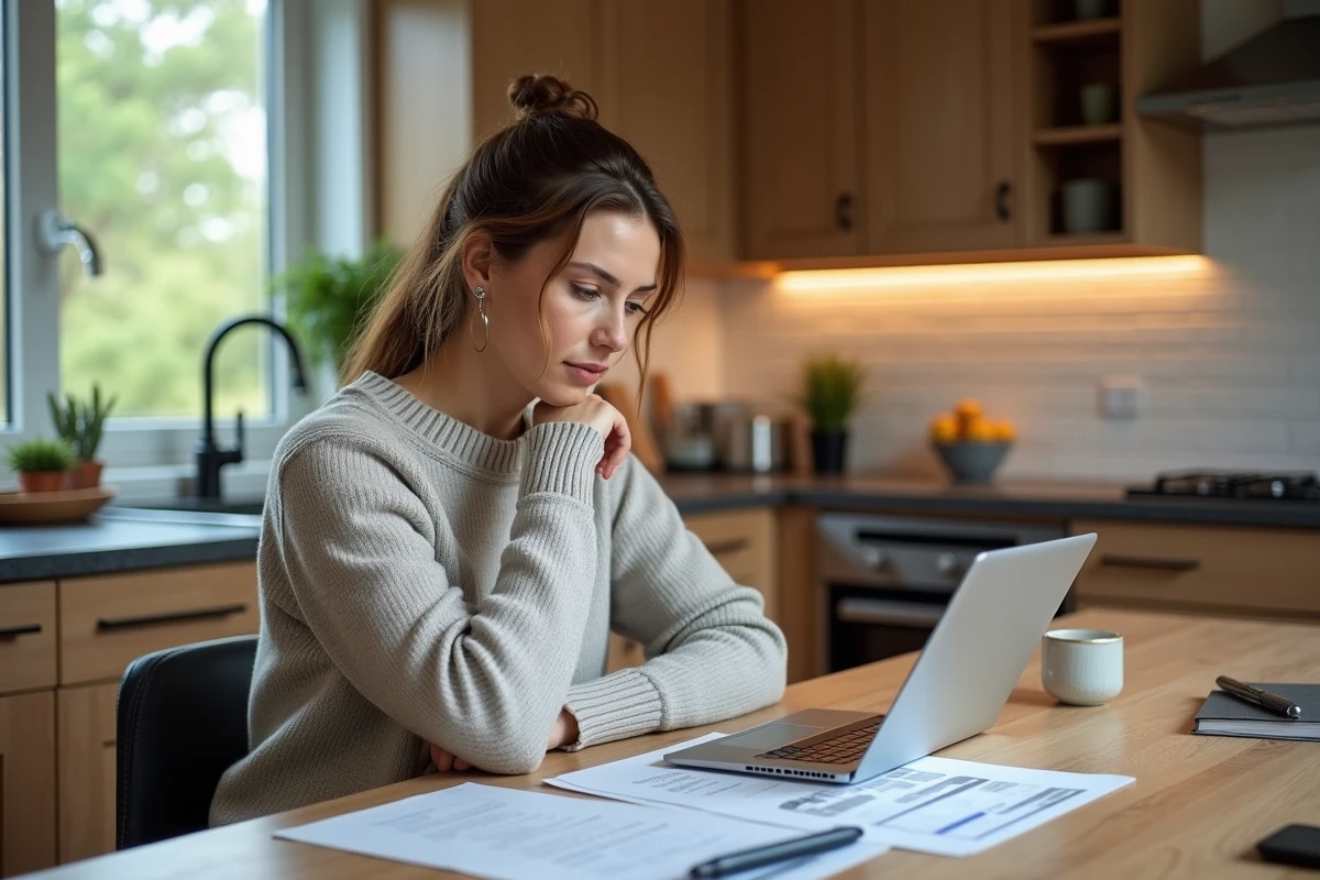 Femme réfléchissant à des devis de toiture dans sa cuisine
