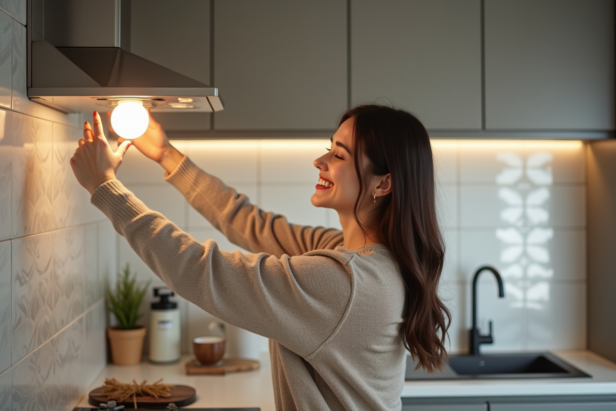 Jeune femme installe une ampoule LED dans la cuisine
