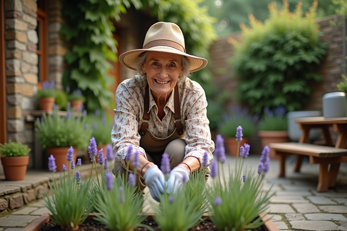 Femme âgée cultivant un jardin d