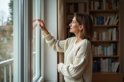 Femme regardant une fenêtre isolante dans un salon moderne