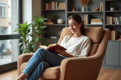 Femme lisant dans un salon moderne et lumineux