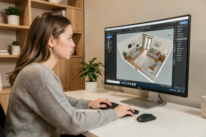 Femme utilisant un logiciel de conception 3D d'intérieur sur ordinateur de bureau dans un bureau à domicile moderne