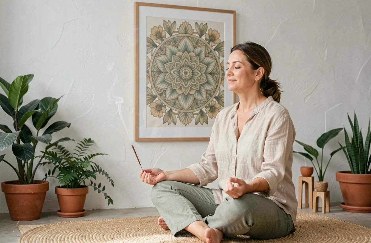 Femme méditant devant un mandala fleur de vie encadré, rituel d'abondance et de bien-être à domicile