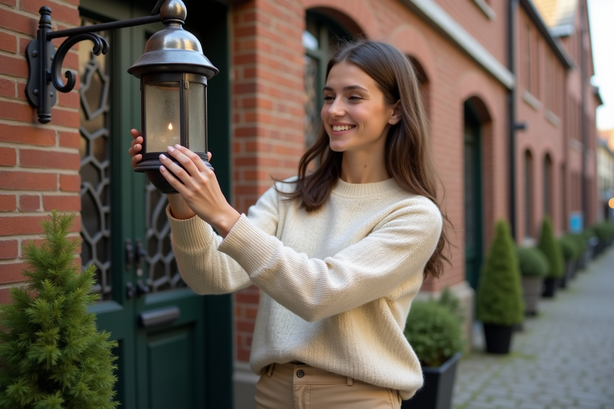 Jeune femme nettoyant une lanterne ancienne en brique