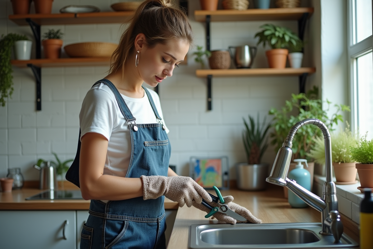 Femme nettoyant des cisailles de jardin dans une pièce lumineuse
