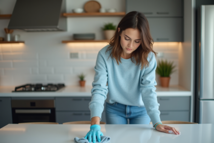 Femme nettoyant un plan de travail de cuisine moderne