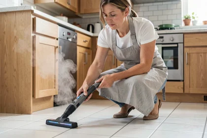 Femme utilisant un nettoyeur vapeur Lidl sur carrelage de cuisine blanc, test et avis pratique
