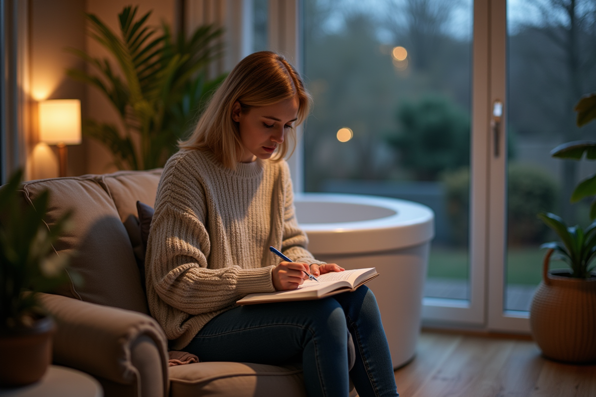 Femme prenant des notes près du spa intérieur dans une maison