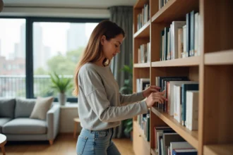 Femme organisant des livres dans un appartement moderne