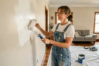 Femme rénovant un mur de salon en peignant elle-même à moindre coût pour transformer son intérieur