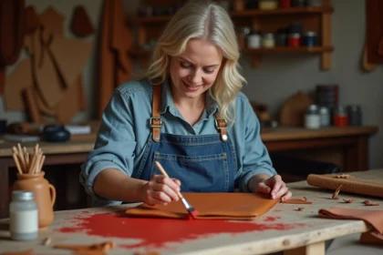 Femme en tablier en denim peignant un sac en cuir avec précision