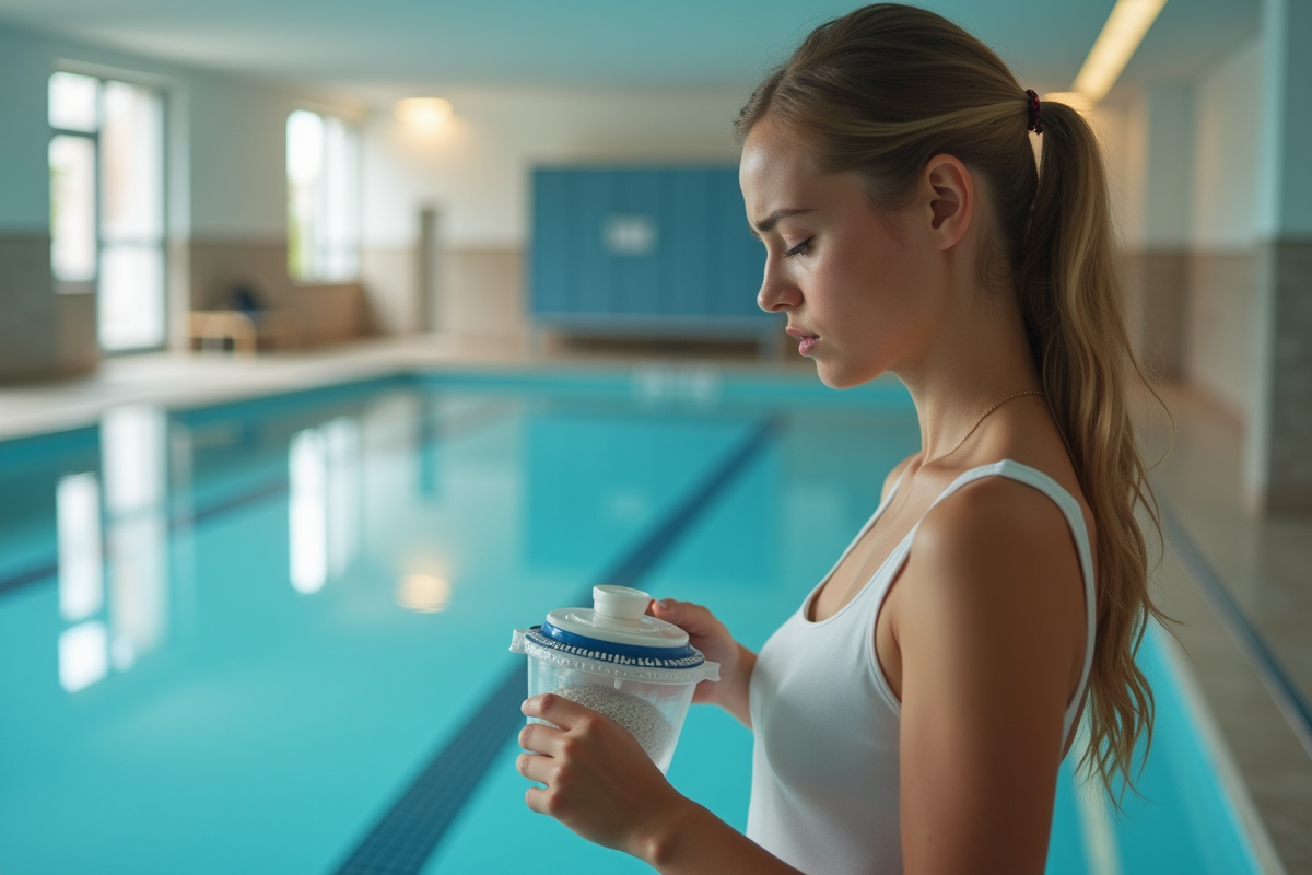 Jeune femme regarde un skimmer rempli de chlore à la piscine intérieure