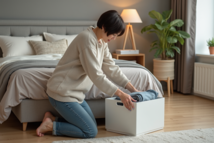 Femme pliant des vêtements dans une chambre moderne et lumineuse